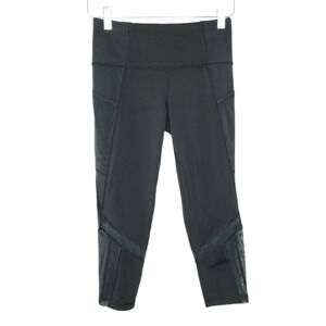 Ivivva Girls Crop Leggings 14 Black Mesh Inserts Security Pocket Active